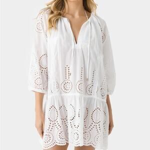 NWT Melissa Odabash Ashley White Embroidered Cotton Mini Beach Dress Kaftan Sz S